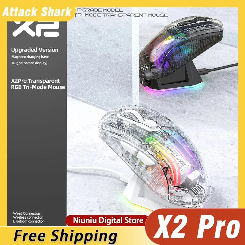 

Беспроводная игровая мышь Attack Shark X2 Pro RGB, трехрежимная Bluetooth, прозрачный бесшумный щелчок, дисплей батареи, магнитная зарядная док-станция
