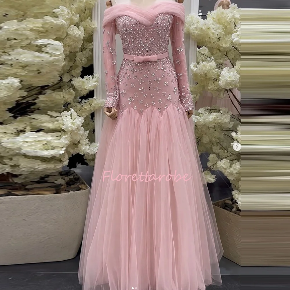Pink Tulle Evening Dress Off Shoulder Tassel Full Body Hand Beaded Crystals Prom Dresses Wedding Party Dress Customized