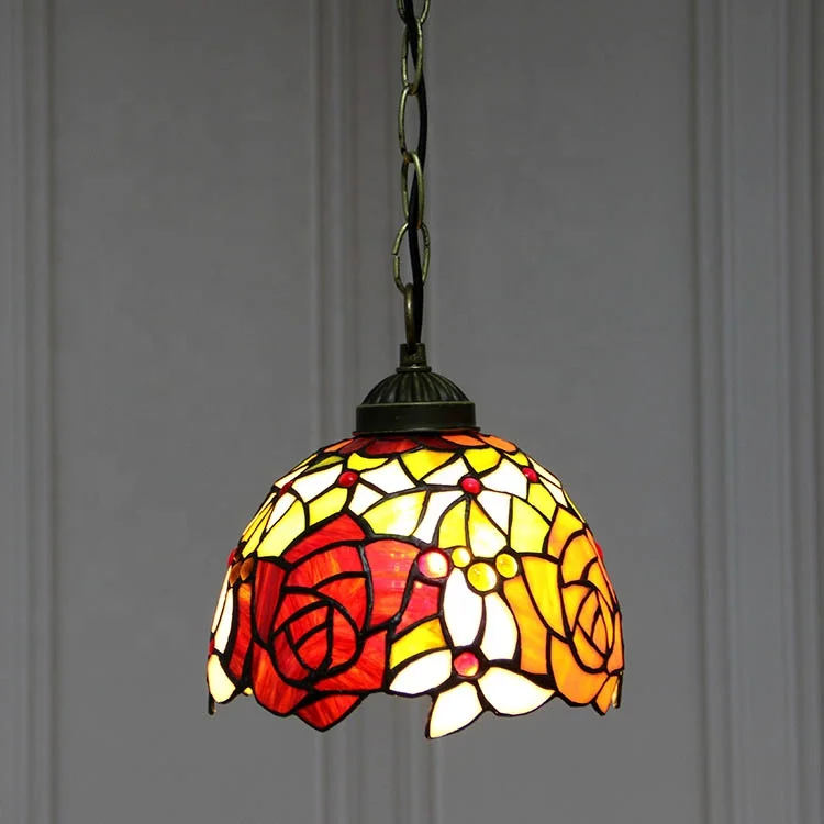 

Style Stained Glass Lampshade Ceiling Lights Rose Pendant Fixture for Home Decoration