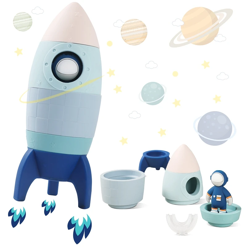 

Baby Silicone Stacking Blocks Toys Cartoon Rocket Ornament Baby Room Decoration Food Grade Teether BPA Free Gifts For Newborns