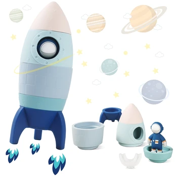 Baby silicone stacking block toys cartoon rocket ornament baby room decoration food grade teether BPA free gifts for newborns