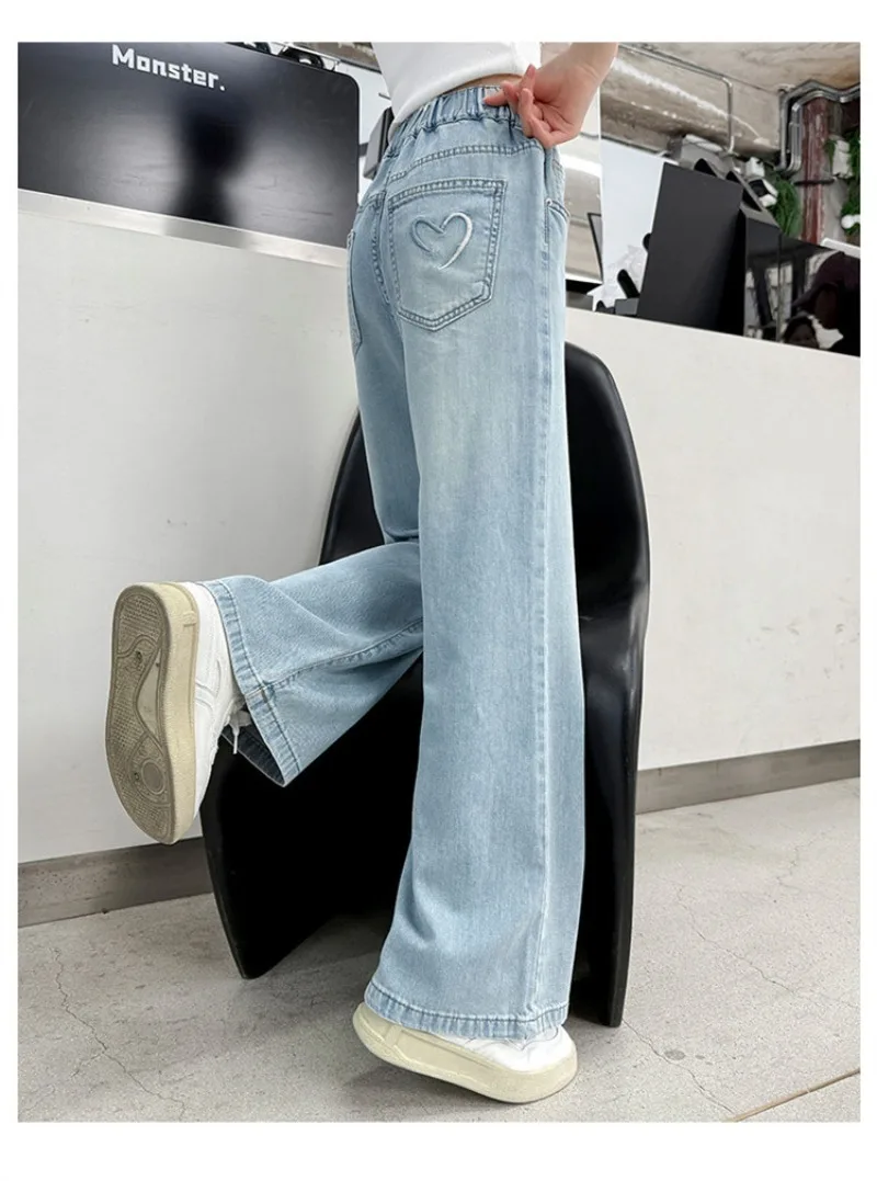 OLEKID Frühlings-Jeans für Mädchen mit Taschen, Kinder-Denim-Hose mit lockerem, elastischem Bund, 4-14 Jahre, Mädchenhose, Babyhose – Detail 5