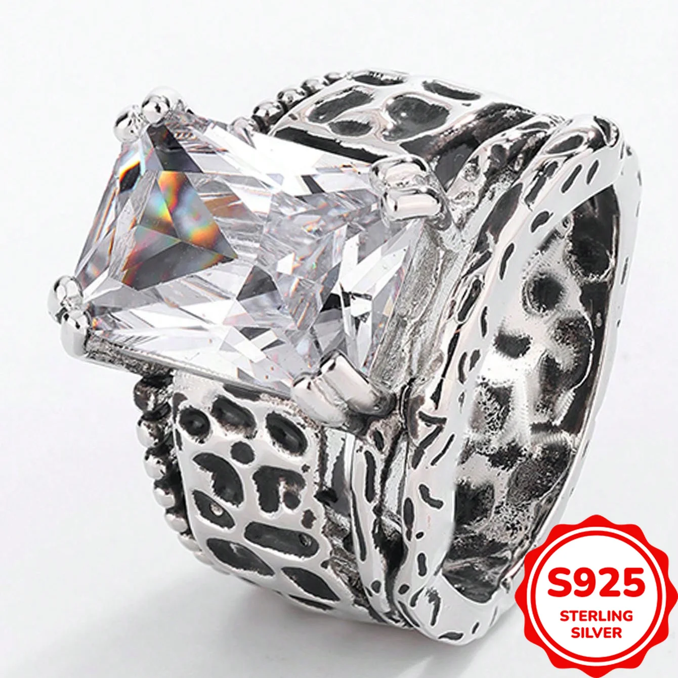 Retro Cool Authentic S925 Silver Four-claw Square Dyed Black Irregular Ring Hip-hop Rock Style