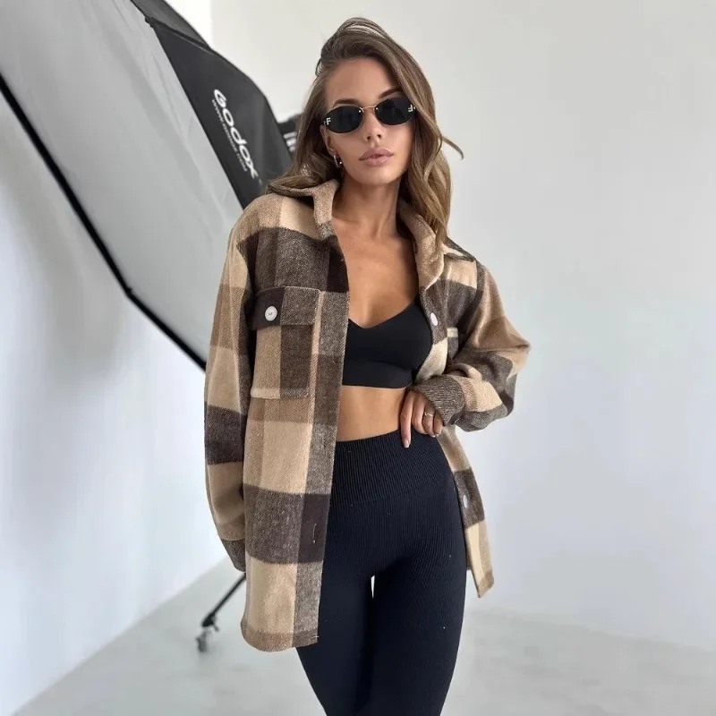 2025 Autumn Oversize Long Sleeve Women Basic Plaid Shirt Minimalist Button Up Brushed Blouses Casual Warm Cardigan Coat