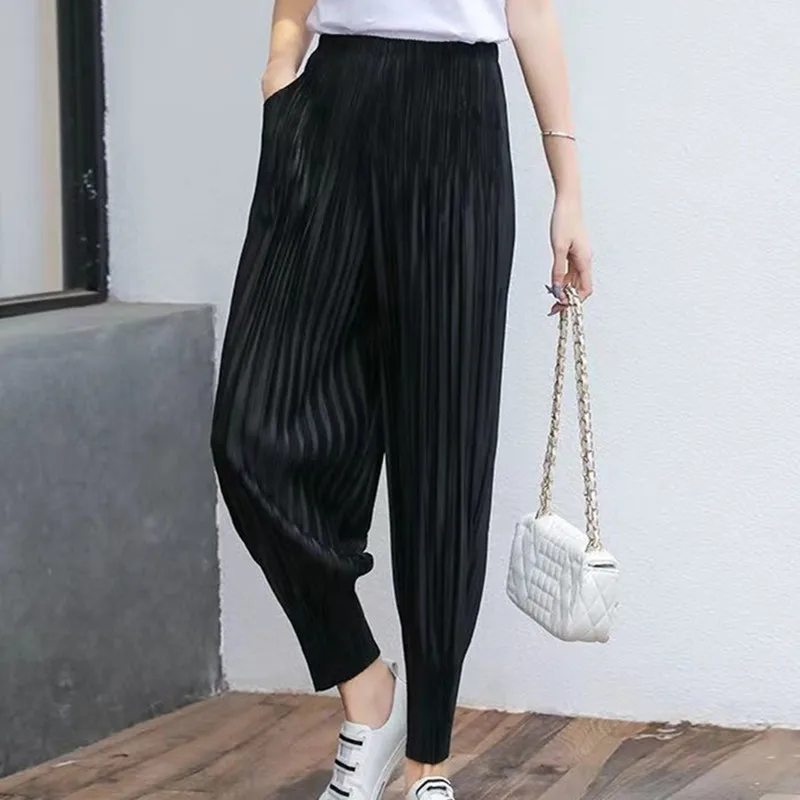 하이 엔드 플리츠 캐주얼 루즈핏 A 라인 반바지 여성 여름 얇은 드레이프 하이 웨이스트 슬리밍 스포츠 와이드 레그 미드 팬츠 
