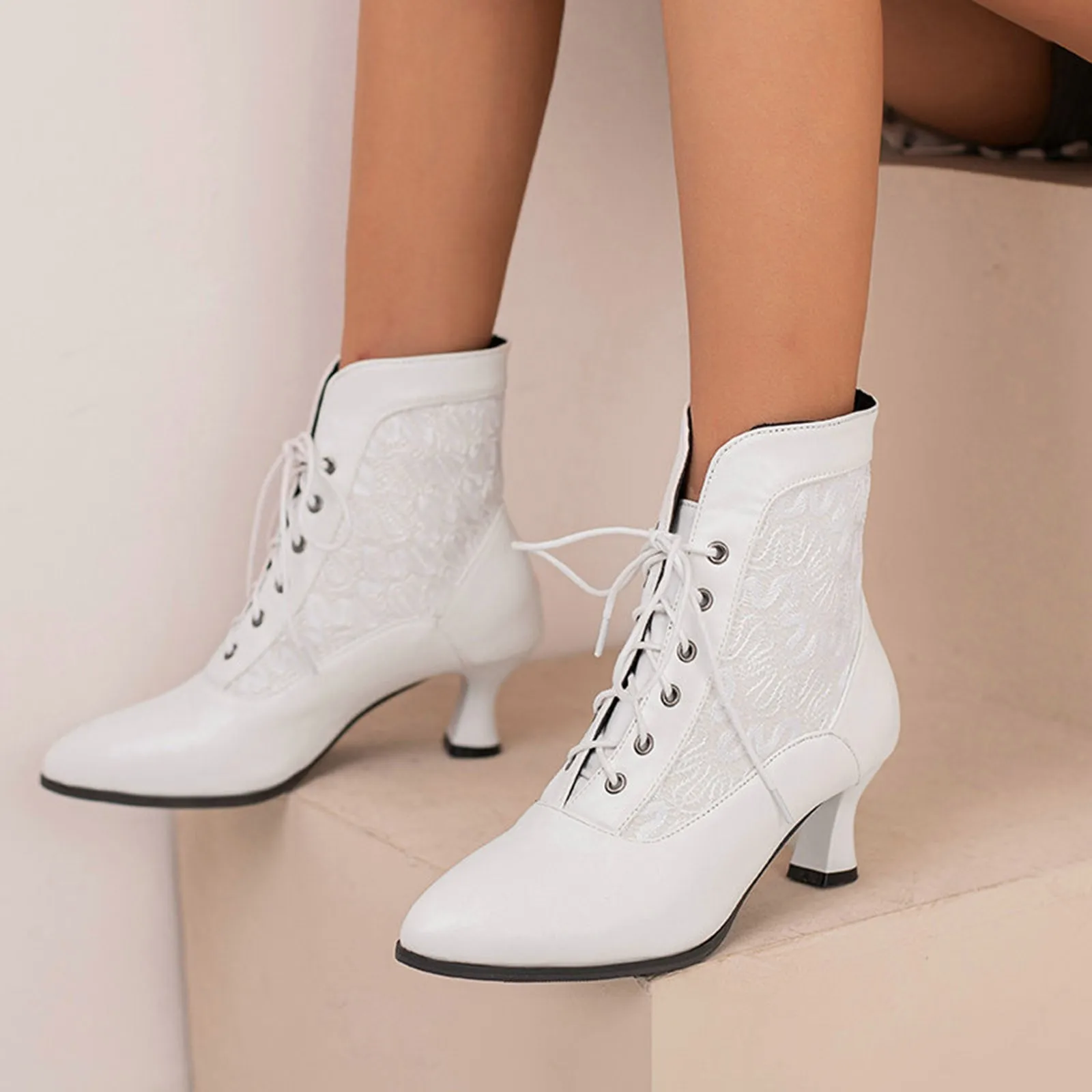 2024 New Lace Up Ladies High Heel Shoes Strange Steampunk Boot Victorian Ankle Boots Women Pointed Toe Thick Soled Short Boots