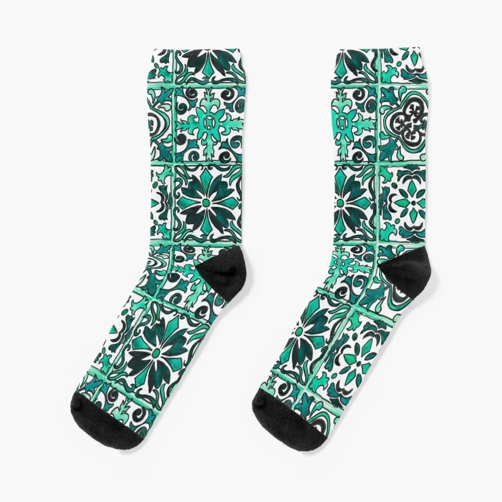 

Teal Spanish Tiles Socks anti-slip new year sheer Toe sports Socks For Men Women's