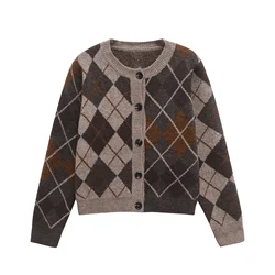 Women Knitted Cardigan Sweater for Women Autumn Winter Diamond Pattern Long Sleeved Single Breasted Female Knit Coat 2756124