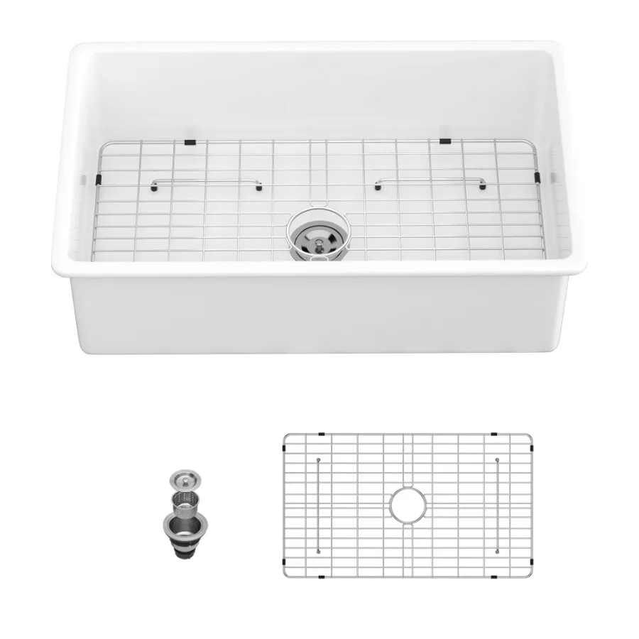 

32 Undermount Single Bowl Ceramic Kitchen Sink Dual Mount White Ceramic Rectangular Deep Single Bowl Sink Basin