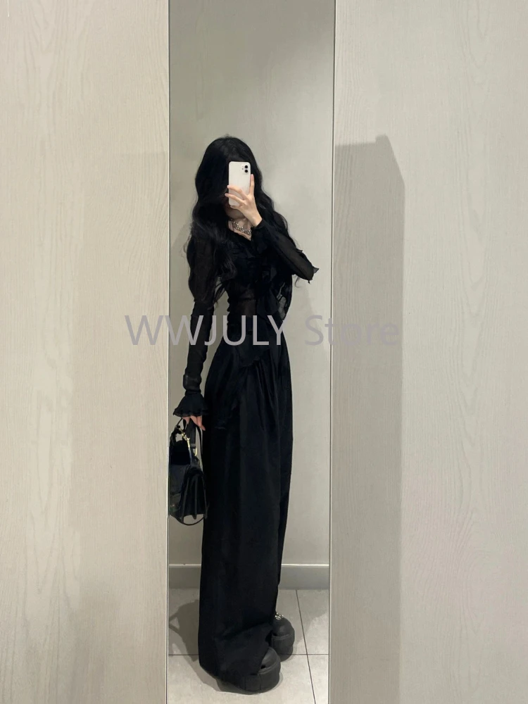 Fashion V-neck Ruffles Black Long Sleeve Cardigan Mujer+ Y2k High Waist Loose Wide Leg Pants woman 2024 New Two Piece Sets