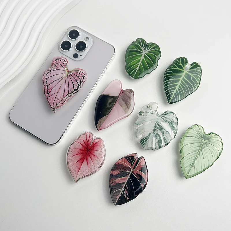 New Resin Leaf Phone Stand Tropical Plant Leaves Phone Socket Talk Grip Foldable Retractable Lazy Stand For IPhone 16