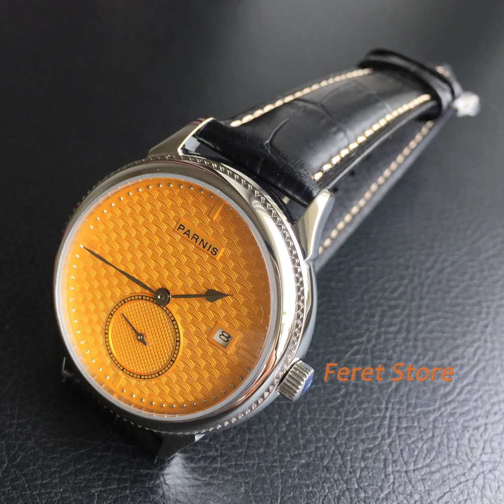 Parnis 42mm Yellow Dial Calendar Stainless Steel Strap Automatic Men's Watch Top luxury Fashion Seagull 1731 Mechanical watches