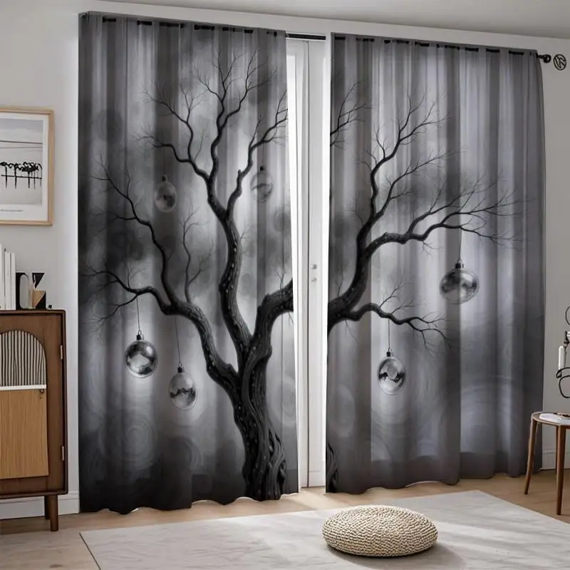 Monochrome abstract tree curtain drapes gothic modern window panels bedroom living room home decor curtain set