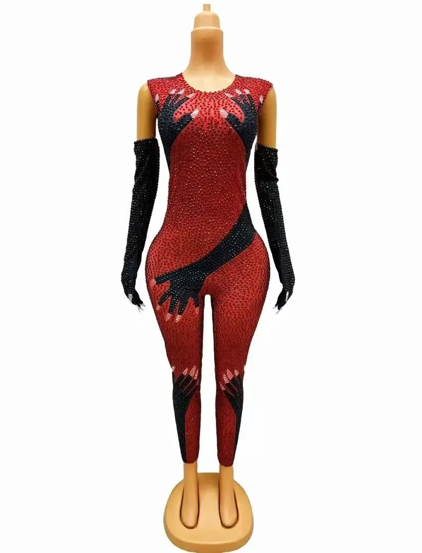 Red Black Full Rhinestones Bodysuit Evening Birthday Celebrate Sexy Stretch Jumpsuit Gloves Outfit Dance Performance Costume