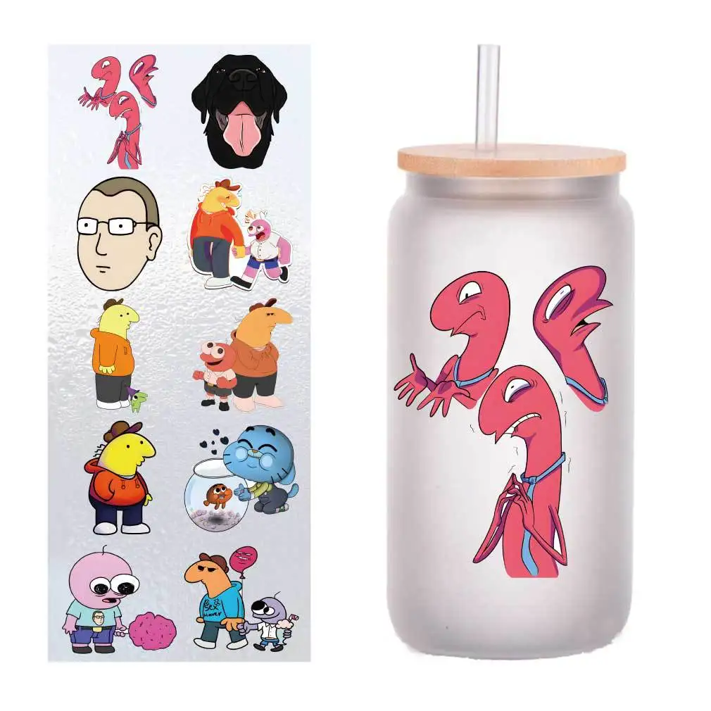 

10 pieces/pack cartoon smiling friends UV transfer stickers Crystal label glass stickers customized four inches.