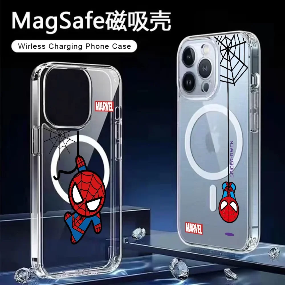 Cartoon Cute Spider Man For Magesafe Wireless Charge Phone Case for iPhone 11 12 13 14 15 16 Pro Max Plus X Xs XR 8 7 Clear Capa