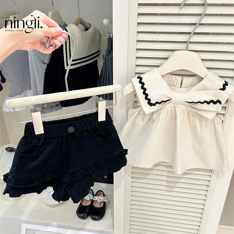 

Baby Girl Navy Style ShortsSuit25Summer New Children's Versatile Summer Outfit Girls' Two-Piece Set