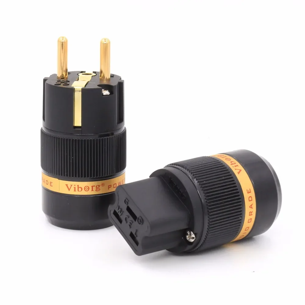 Pair Viborg VE501G+VF520G 99.999% Pure Copper 24K gold plated EU Male & 20A IEC Female power Plug Connector