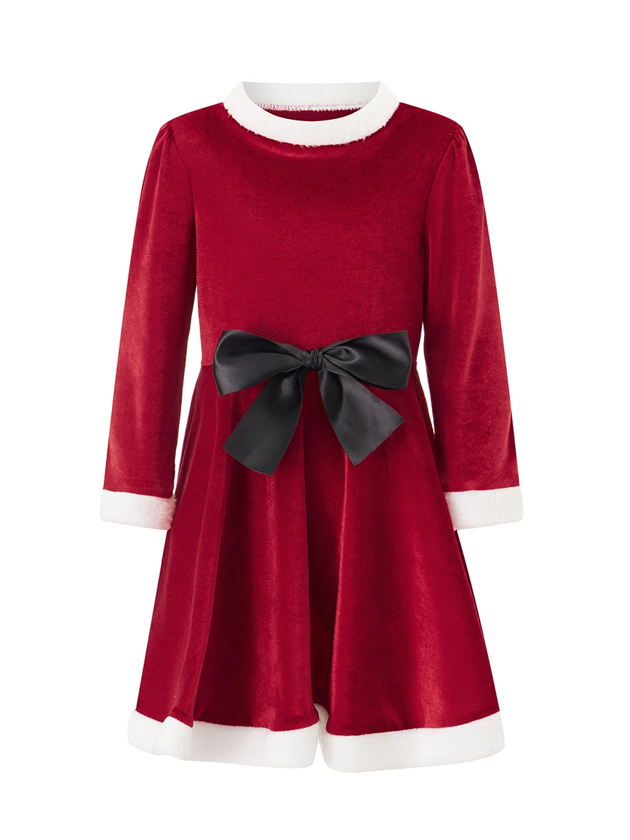 Kid Baby Girl Christmas Clothes Furry Red Velvet Princess Dress Faux Fur Patchwork Long Sleeve A-Line Dress with Belt