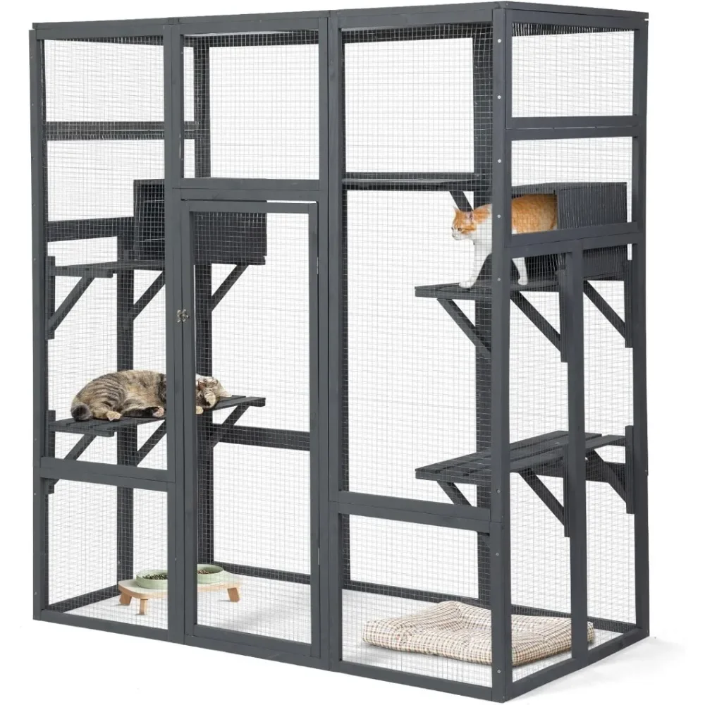 

Large Cat House Outdoor Catio - Cat Play & Run Enclosures Indoor Kitty Window Cage with Waterproof Roof, 7 Platforms & 2 Resting