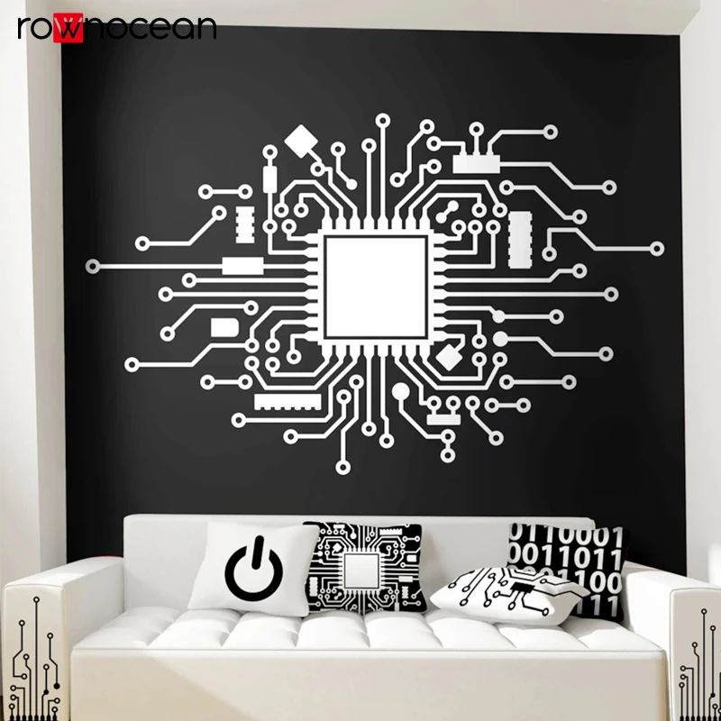 Technology Wall Decal - Circuit Board Wall Sticker Binary Code Computer Engineer STEM Wall Sticker Gamer Cyber Security S822