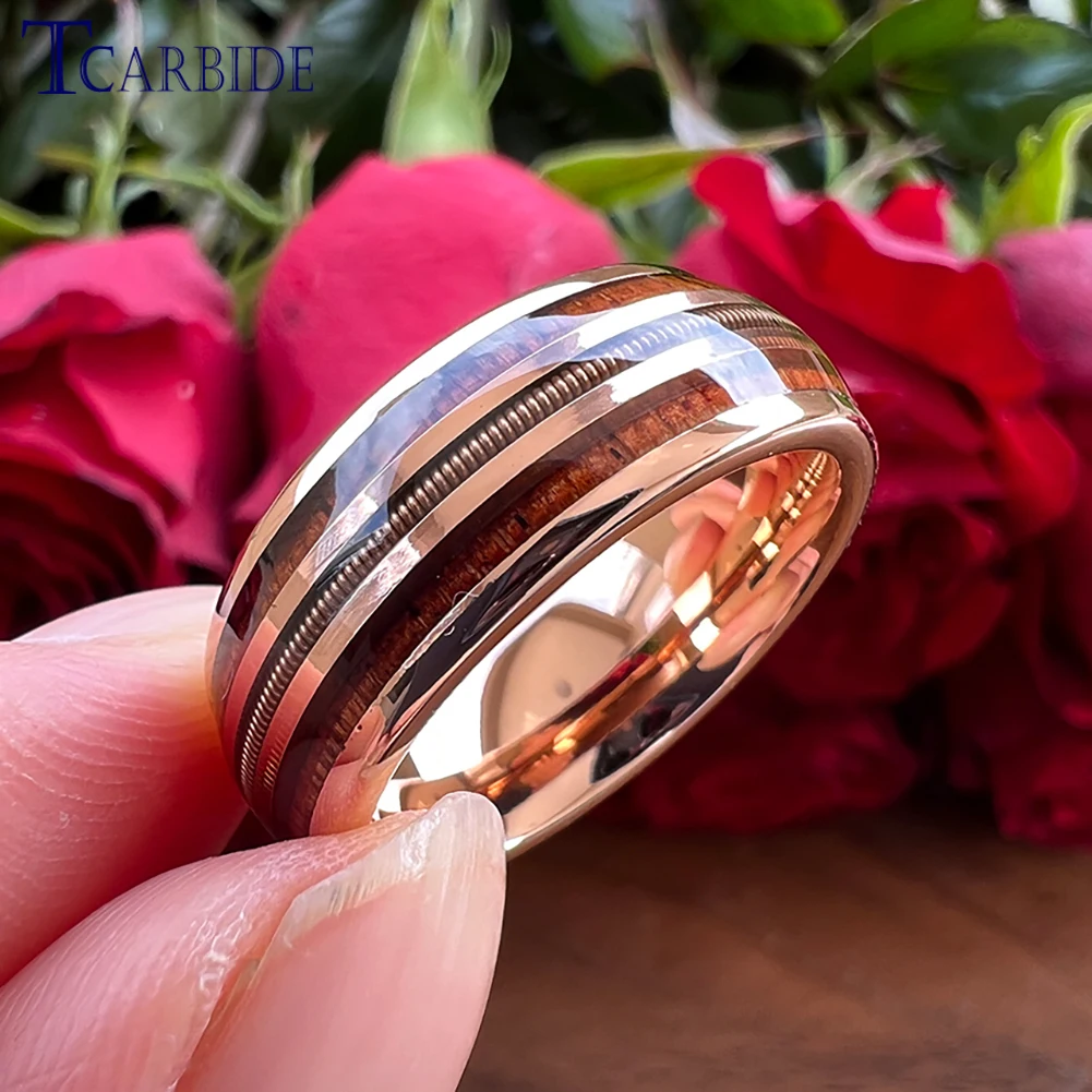 Very Nice Rose Gold Color Guitar String Ring Men Women Comfortable Tungsten Domed Wedding Band Real Wood Inlay Fashion Jewelry