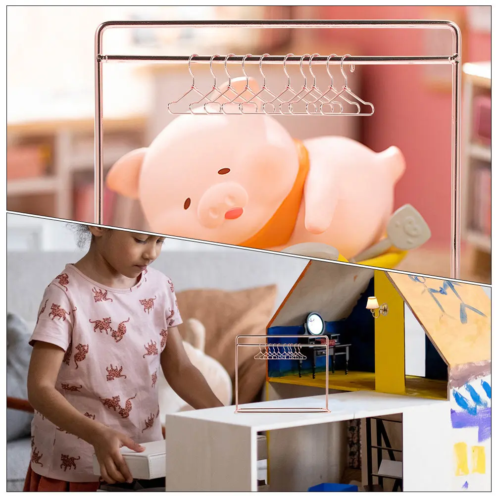 

1Set Mini Clothes Hangers for Dollhouse Iron Art Miniature Hanger Set Tidy Closet Organizer Small Clothing Rack Mini House Decor