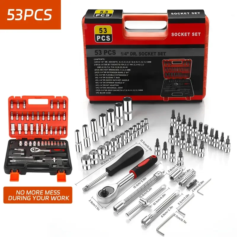 53pcs Home & Outdoor Repair Tool Kit with Quick Ratchet, Keys & Furniture Tools - Durable Carbon Steel in Multi-Tool Box