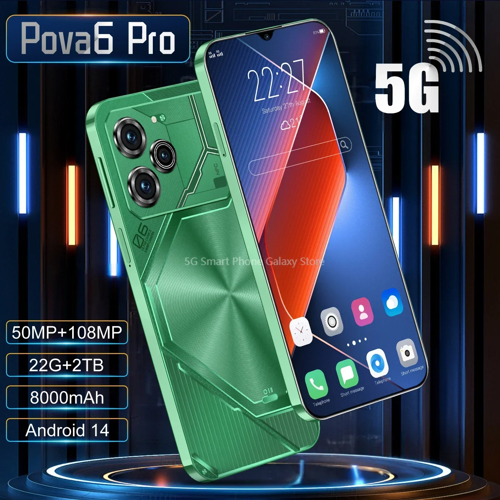 New Pova 6 Pro smartphone 5G size 9200 7.3-inch 22G+2TB super memory phone Dual SIM phone 50+ 108 million Android 14 face unlock