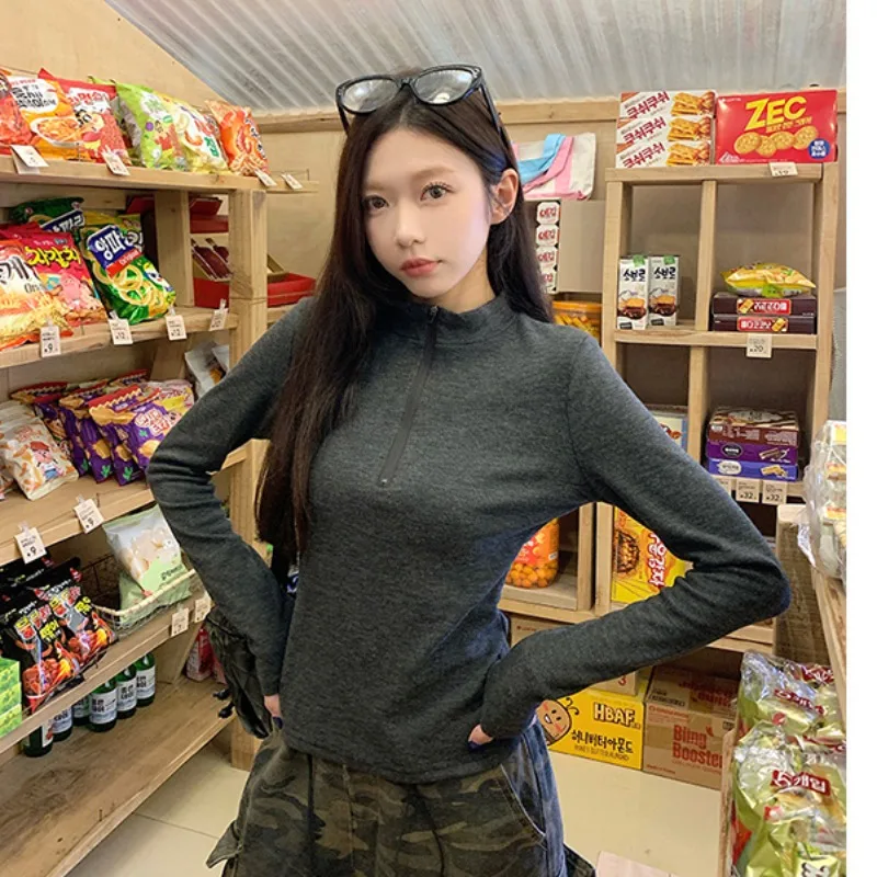 

Sexy American Zipper High Collar Long Sve T-irt Women's Autumn Winter Fce Slim Fit Bla Base Top Ladies' Knitted Wear