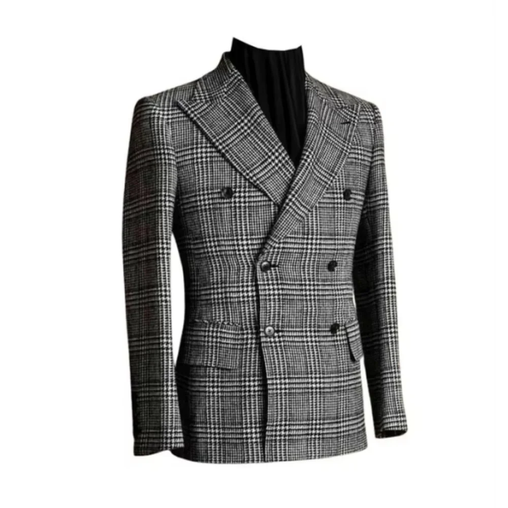 Check Men Blazer for Wedding/Business Party Plaid Peak Lapel Double Breasted Houndstooth Suit Jacket Male Fashion 1 Pc Coat