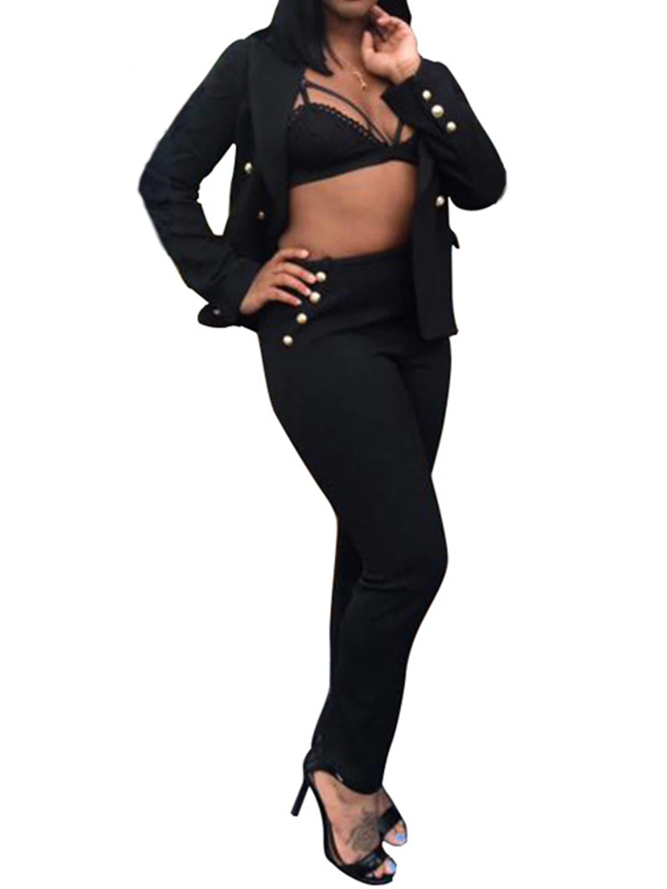 Women's Double Breasted Long Sleeve Lapel High Waist Pencil Pants Set Business Formal All Season Plain Full Length Outfit