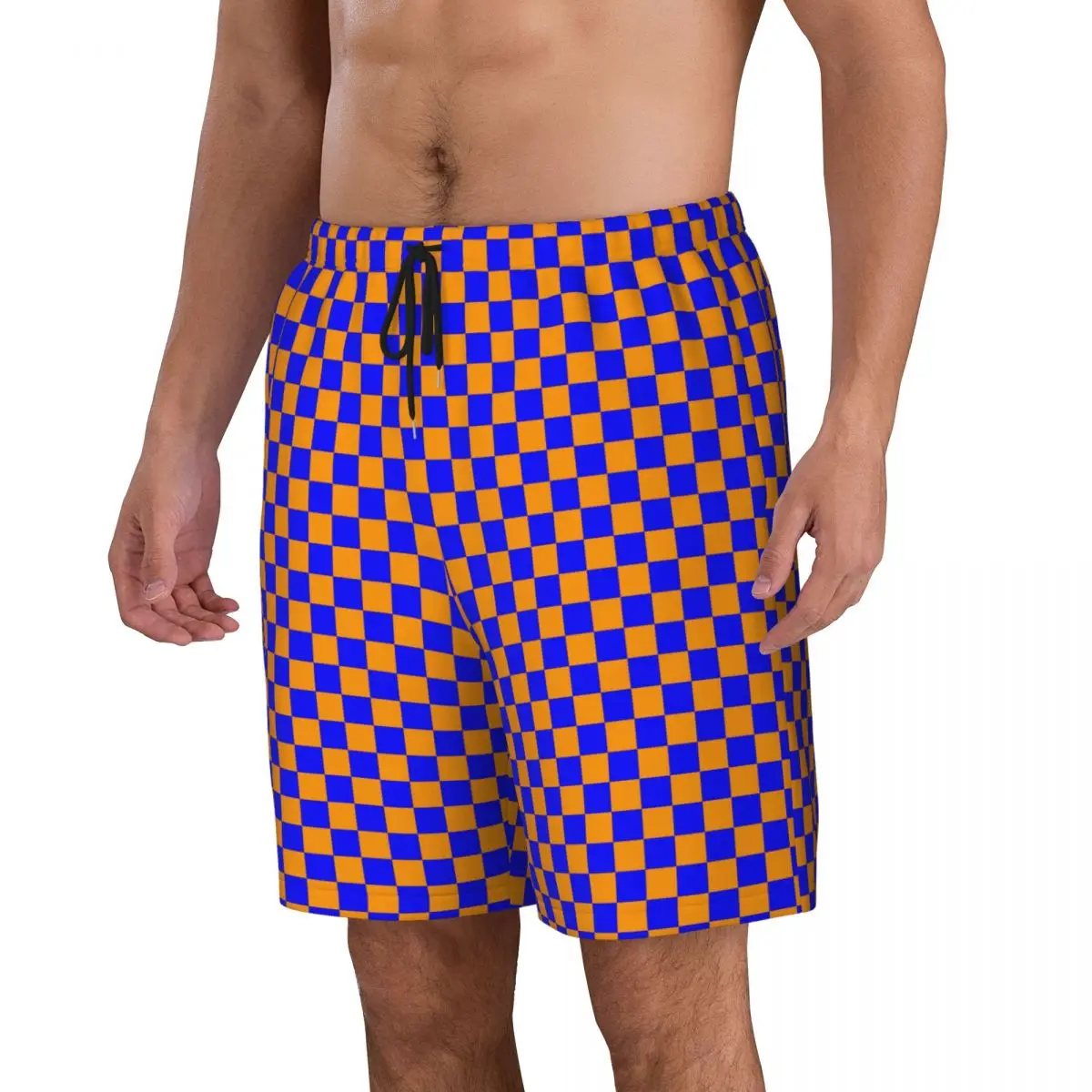 Summer Gym Shorts Male Checkered Orange And Black Checkerboard Beach Short Pants Stylish Breathable Beach Trunks Plus Size