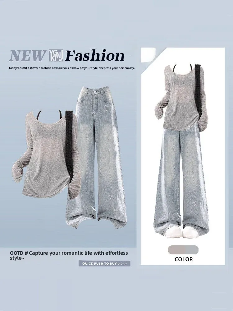 

Корейский комплект из трех предметов: футболка, джинсы с высокой талией и защитой от солнца, широкие джинсы с эффектом похудения