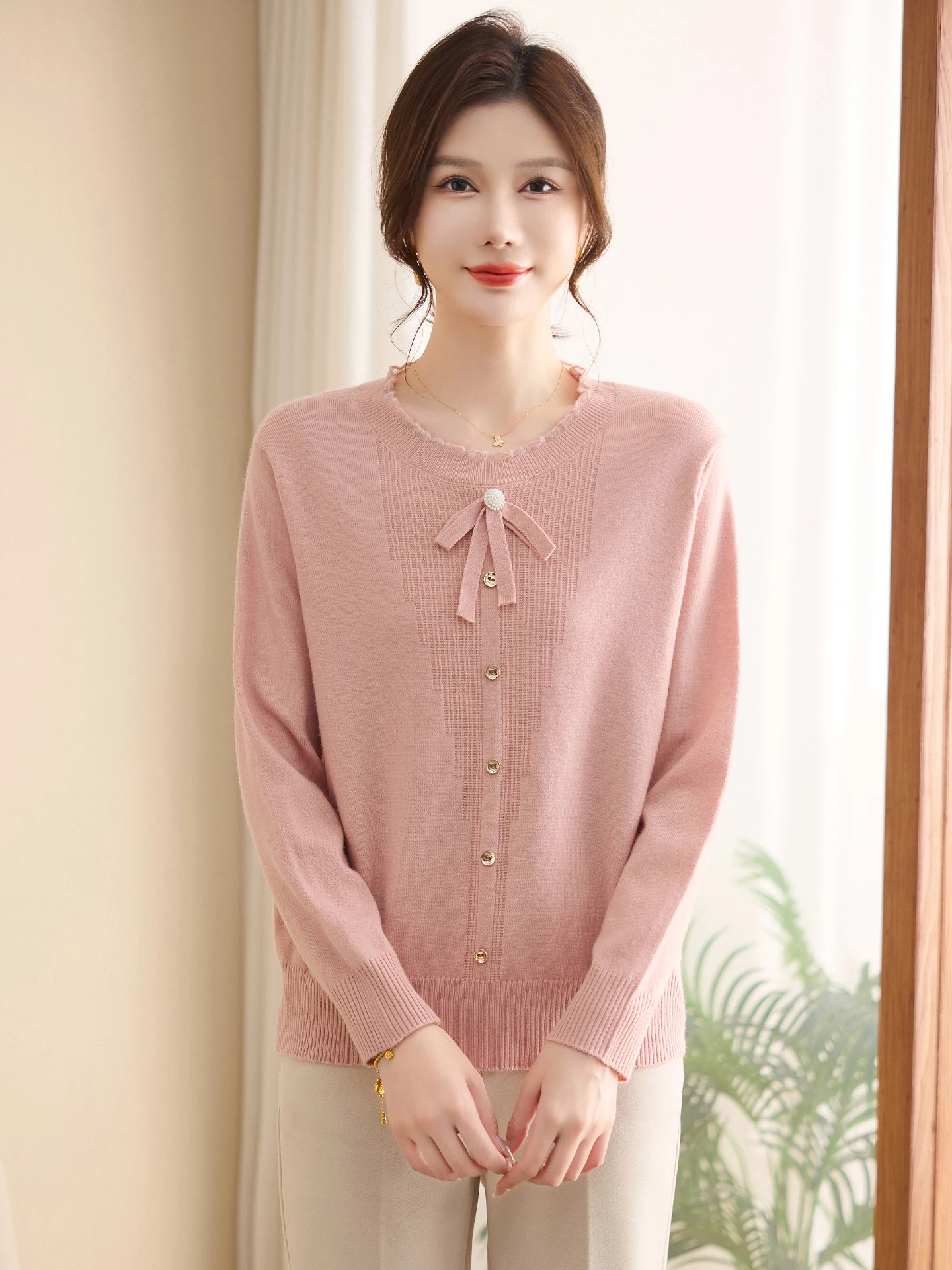 

Модный вязаный свитер, однотонный базовый слой с цветочным воротником, осенне-зимняя женская одежда среднего возраста, удобный длинный све