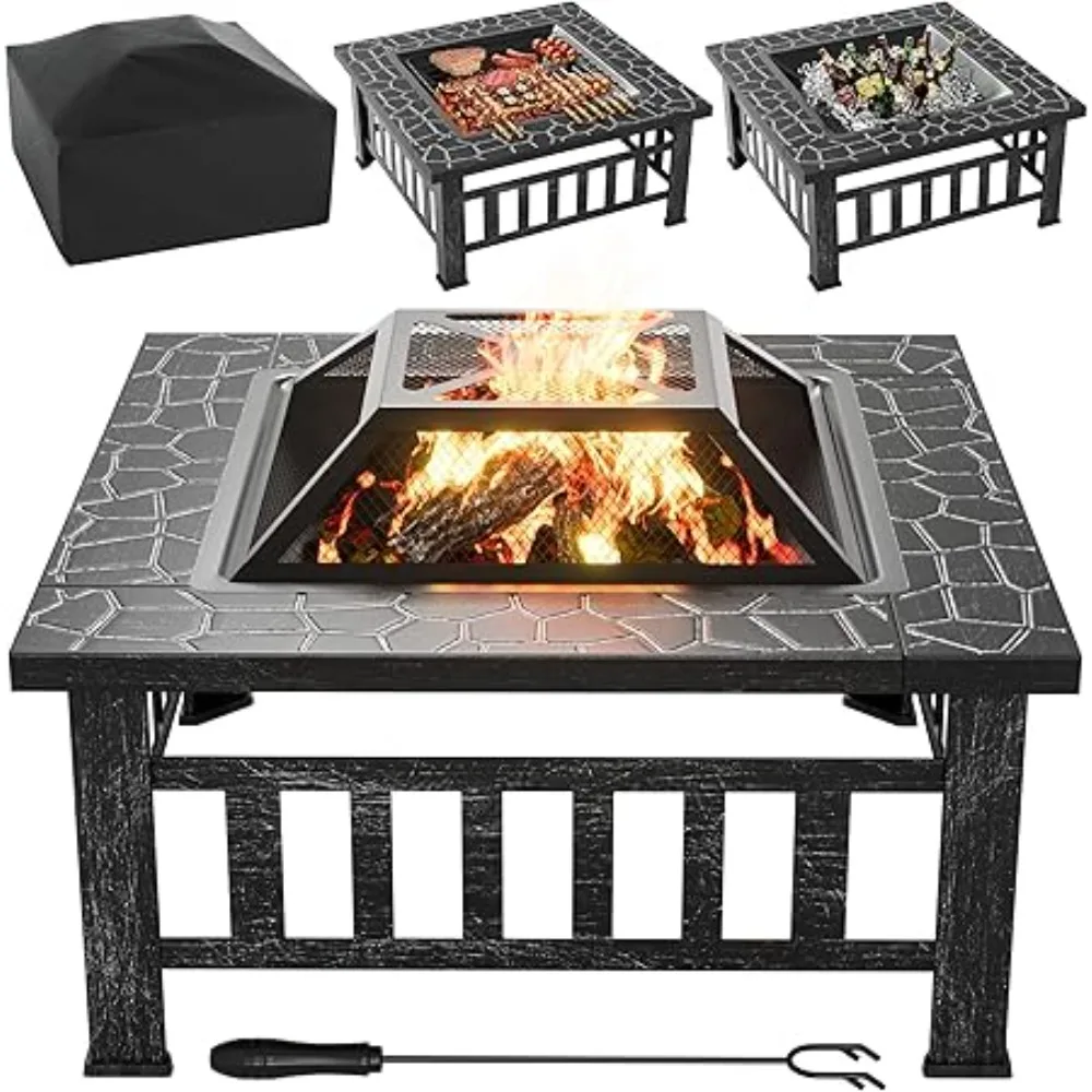 Outdoor Fire Pit 32 Inch Patio Square Metal Firepit with Cover Poker & Grate Wood Burning Fireplace Backyard Stove