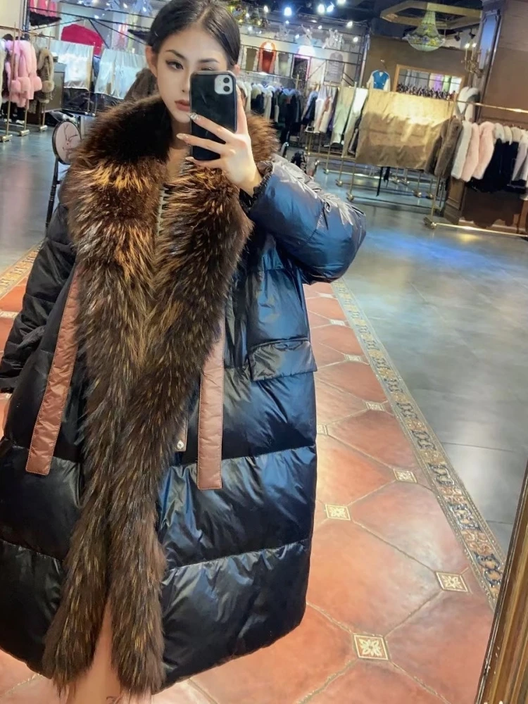 2023 New Natural Real Fox Fur Long White Duck Down Jacket Winter Women Warm Loose Coat Thick Outerwear Streetwear