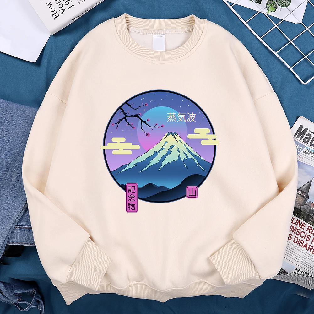 Japanese Harajuku Sakura Mount Fuji Hoody Men Fashion Sweatshirt Fleece Fleece Hoodies Crewneck Loose Comfortable Clothes Casual