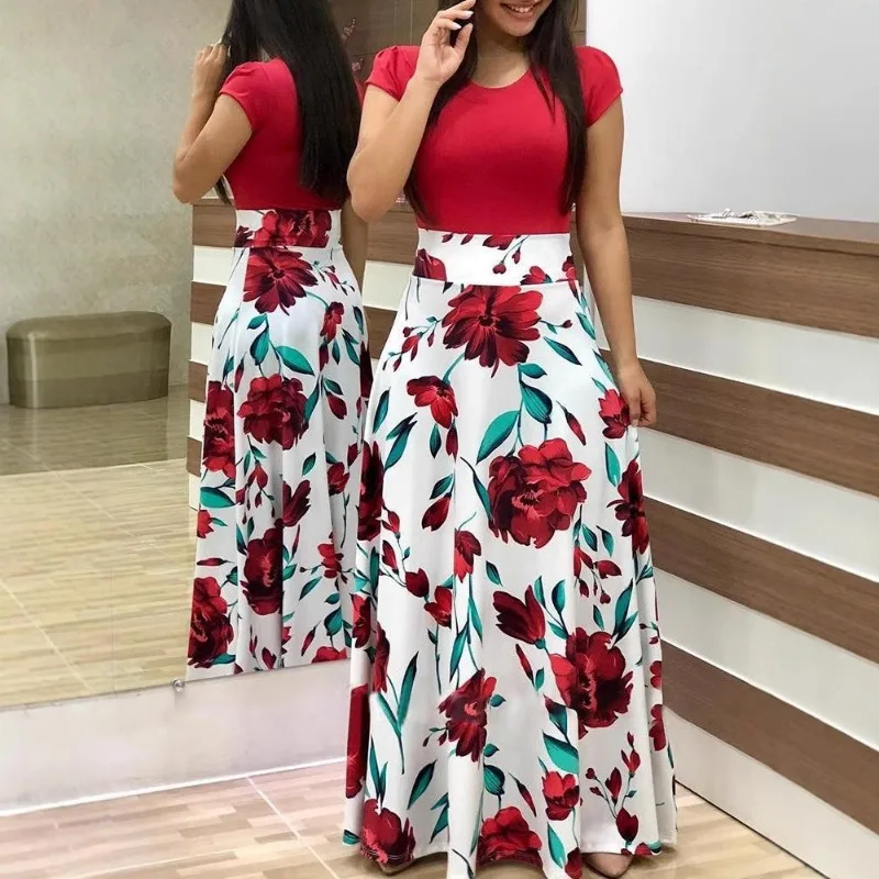 Women's Summer Print Stitching Flower Long Banquet Dress 2025 Female Bodycon Dress Elegant Sexy Woman Super Long Pullover Dress