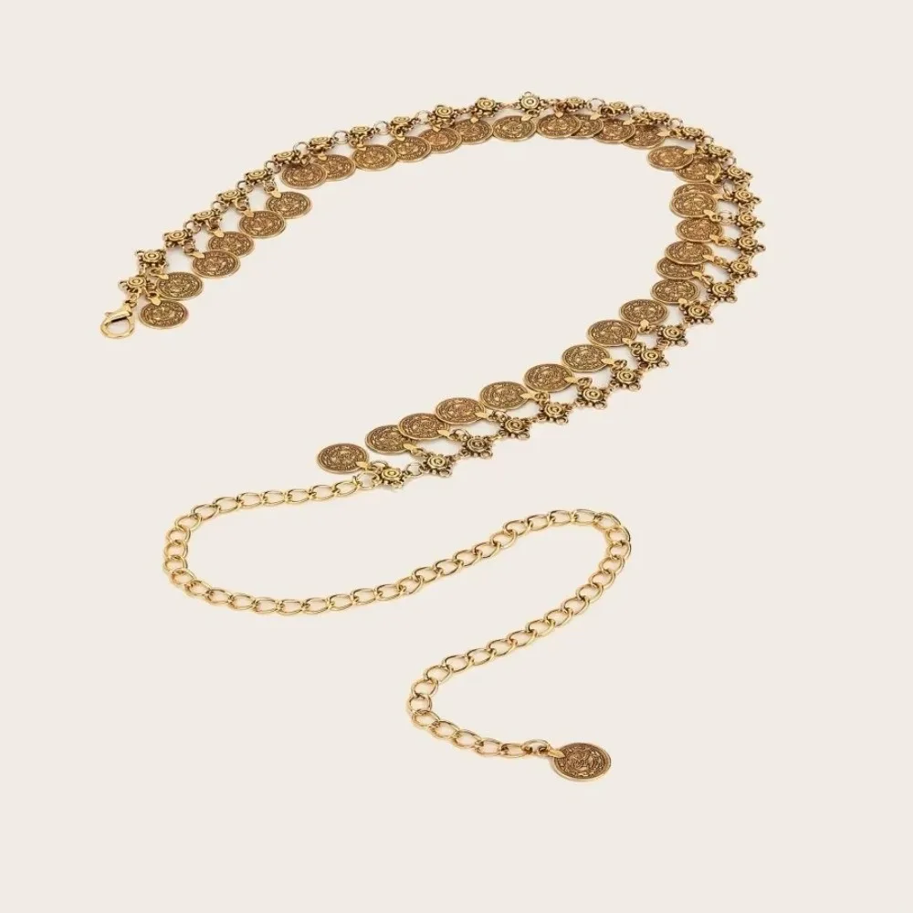 سلسلة بطن معدنية كلاسيكية على الطراز العرقي، تصميم شرابات ذهبية/فضية، حزام خصر يهز العملات المعدنية، سلسلة خصر للنساء
