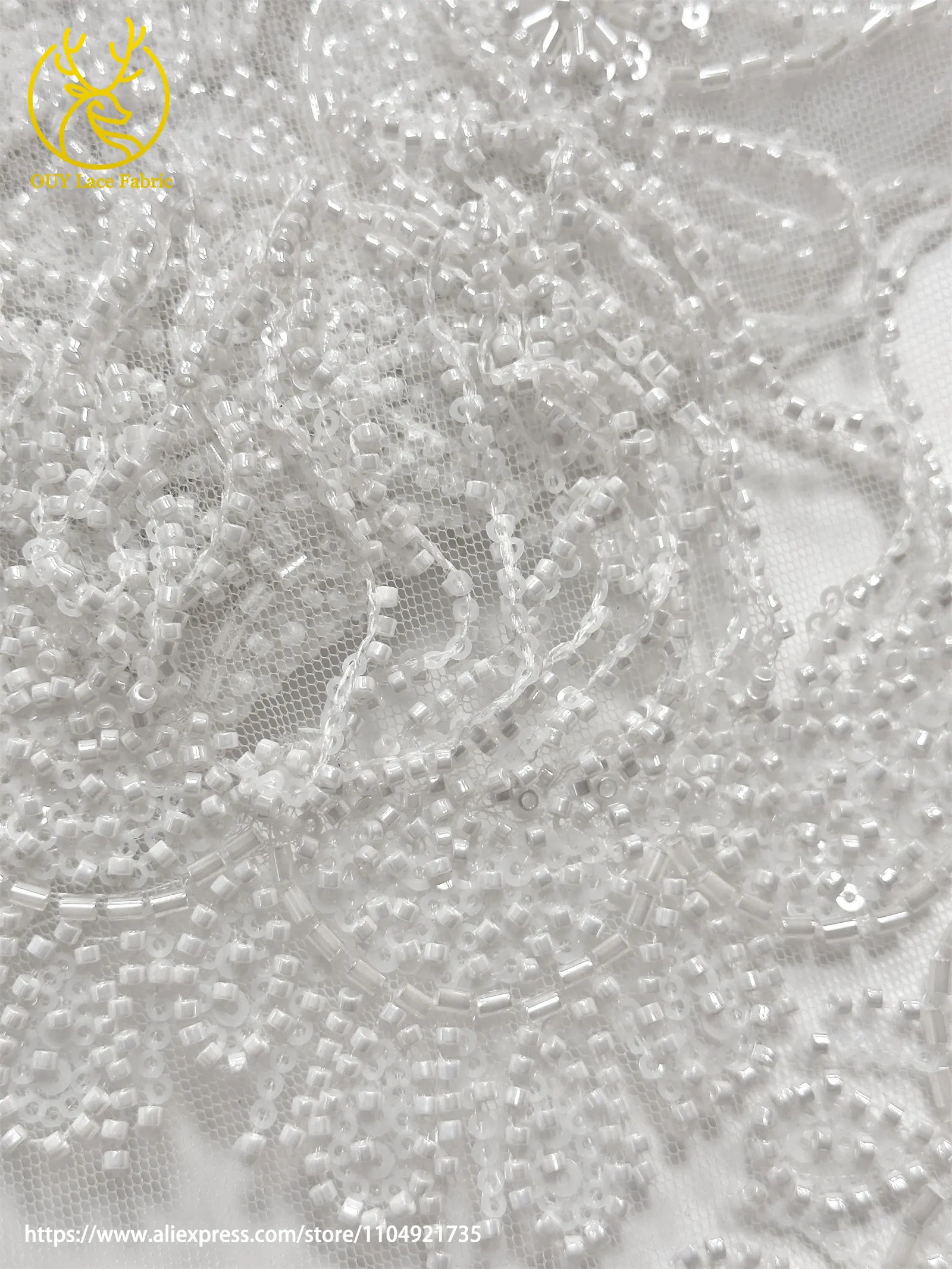 3D Luxuriöser Afrikanischer Handgefertigter Perlen-Spitzenstoff 2026 Französischer Nigerianischer Pailletten-Spitzenstoff für Brautkleider und Hochzeitskleider – Detail 14