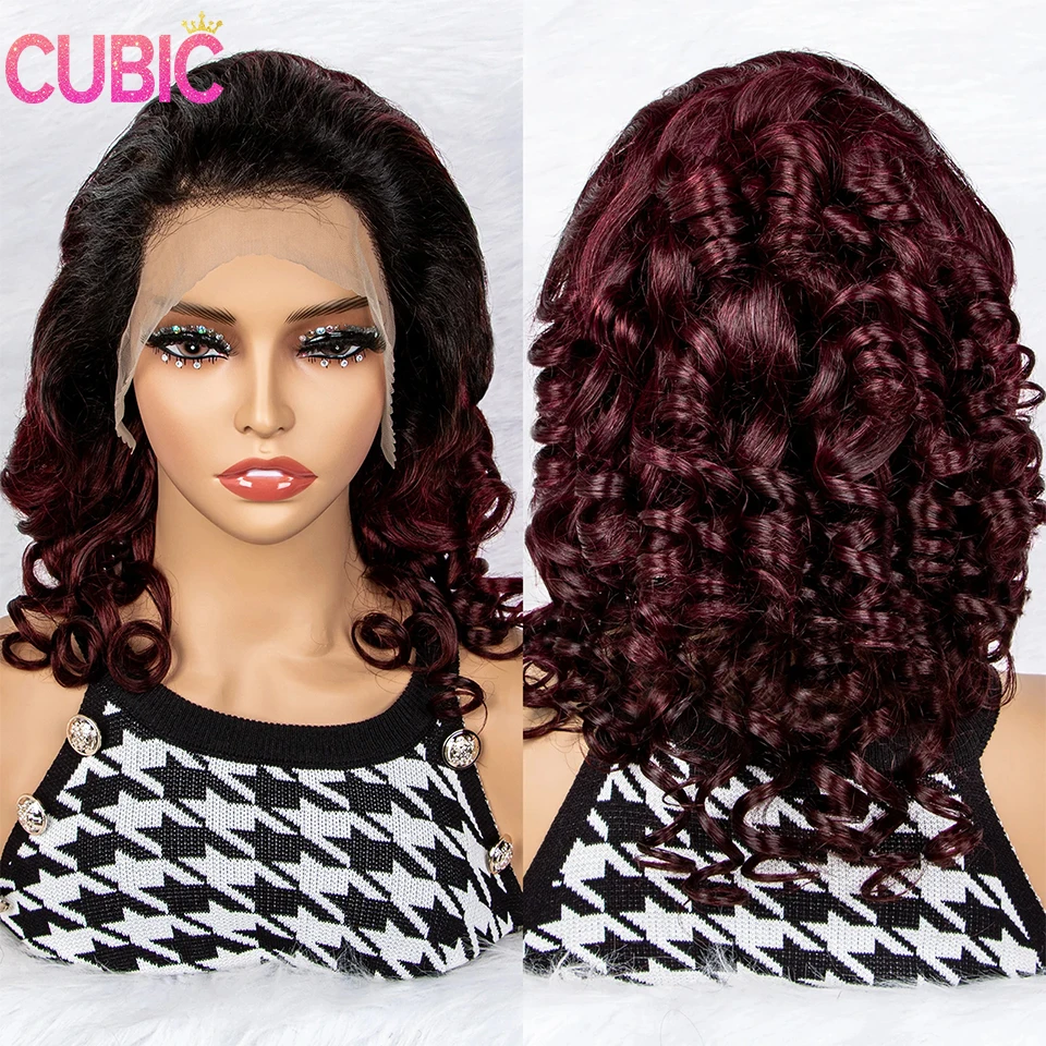 CUBIC Bouncy Curly Spring 1B/99J Ful 13x4 Lace Front Human Hair Wigs 250 Density For Women Real Wave Frontal Virgin Wig