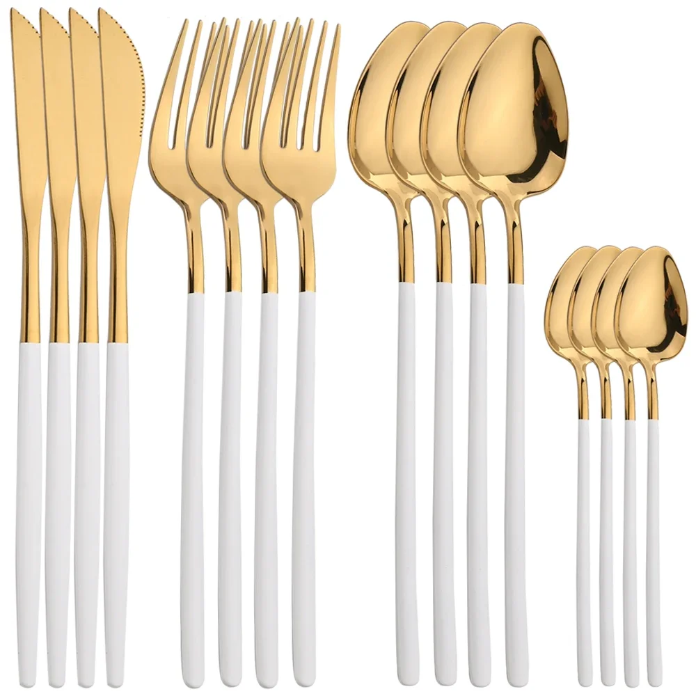16Pcs Dinnerware Set Stainless Steel Gold Tableware Knife Fork Spoon Christmas Cutlery Mirror Flatware Western Silverware Set