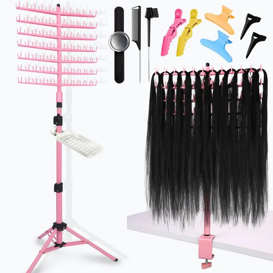 

Adjustable Braiding Hair Rack 168 pegs, Dualuse Braid rack with Clamp Pink