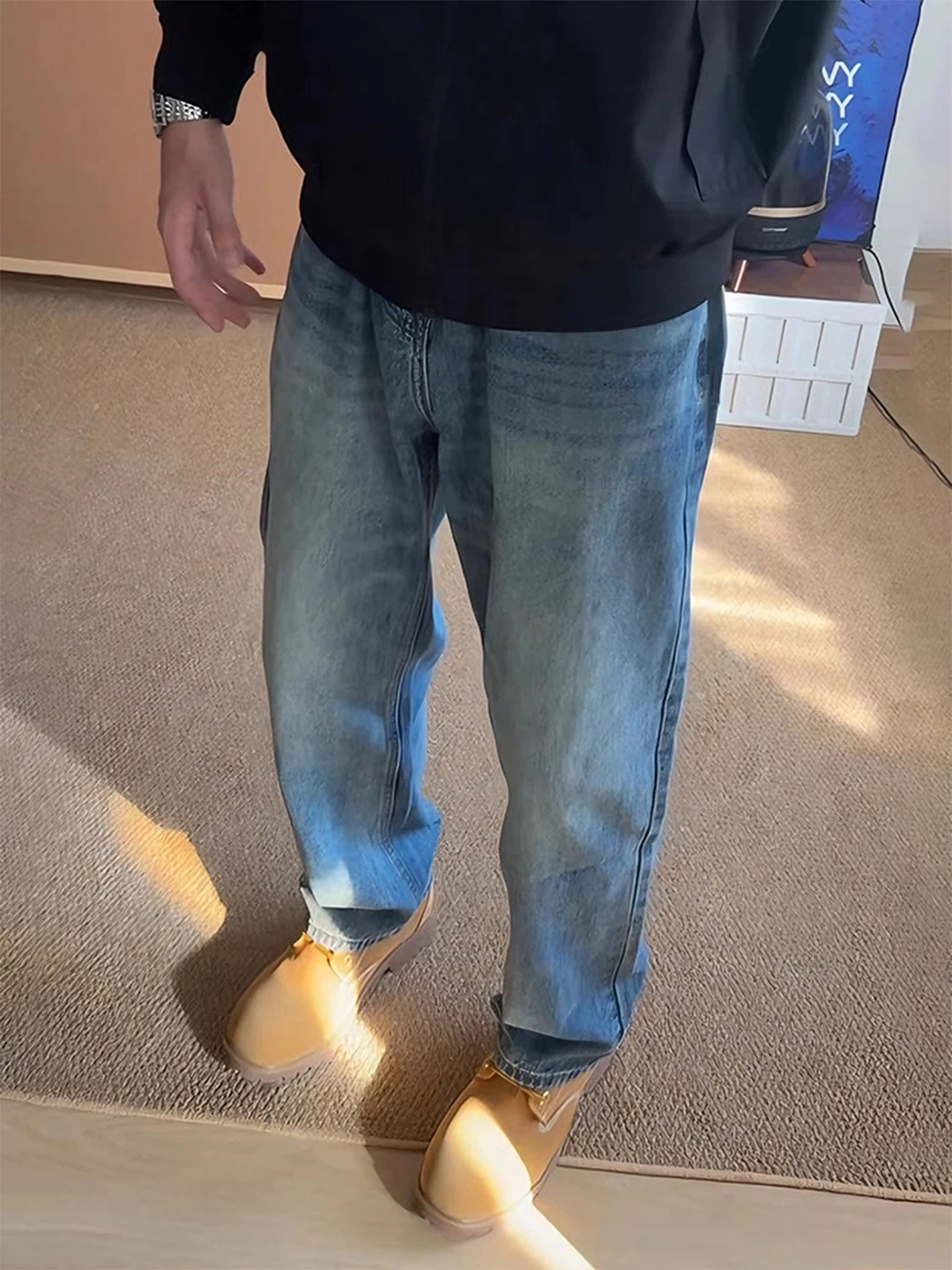 

Men's Slim Fit Fce Lined Jeans Boots Sle Straight Leg Winter Casual Denim Pants mid Waist Button Closure Color