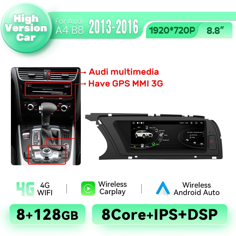 Ai Stem Draadloze Carplay Auto Autoradio Speler Voor Audi A4 2009-2016 Android 14 4G Wifi Bt Gps Navi Dsp Android Auto Stereo