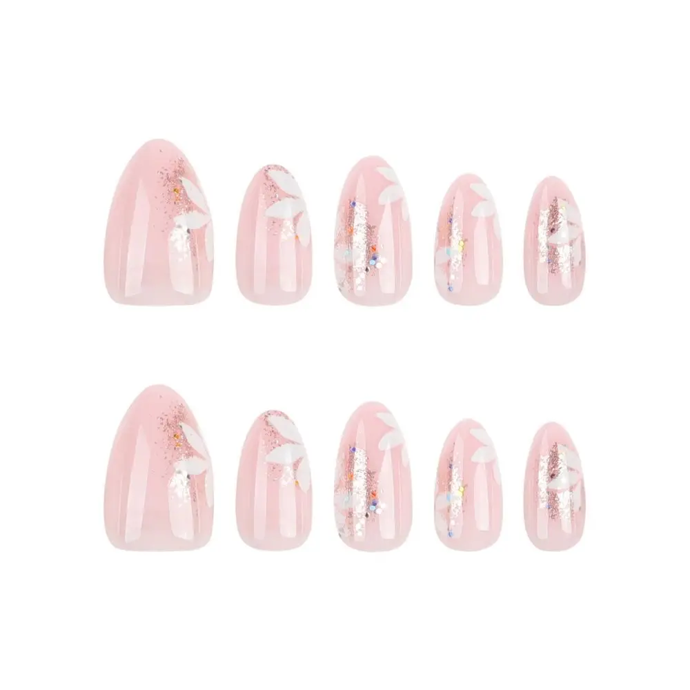 Manicure Long Almond False Nails Pink Cloud Glitter Flowers Press on Nails Detachable French Fake Nials DIY