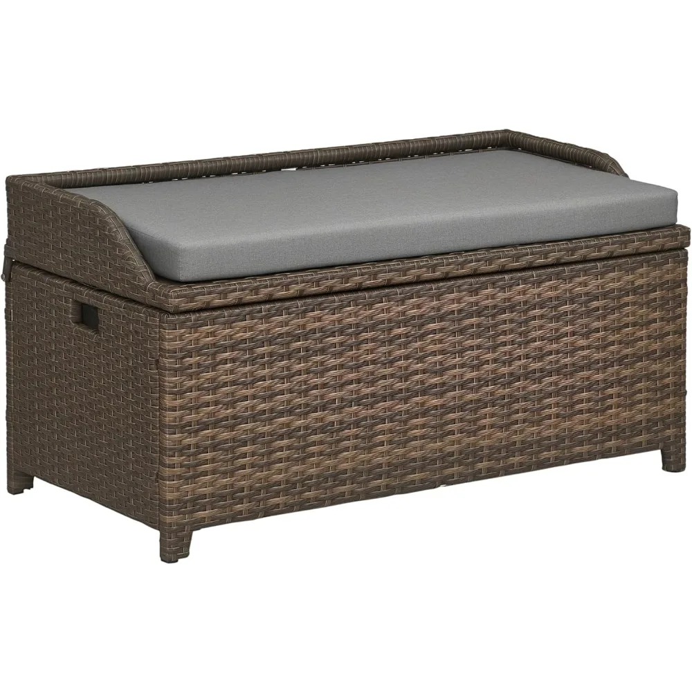

Outsunny 38 Gallon Outdoor Wicker Storage Bench Deck Box, PE Rattan Patio Furniture Pool Storage Bin Container with Interior Wat