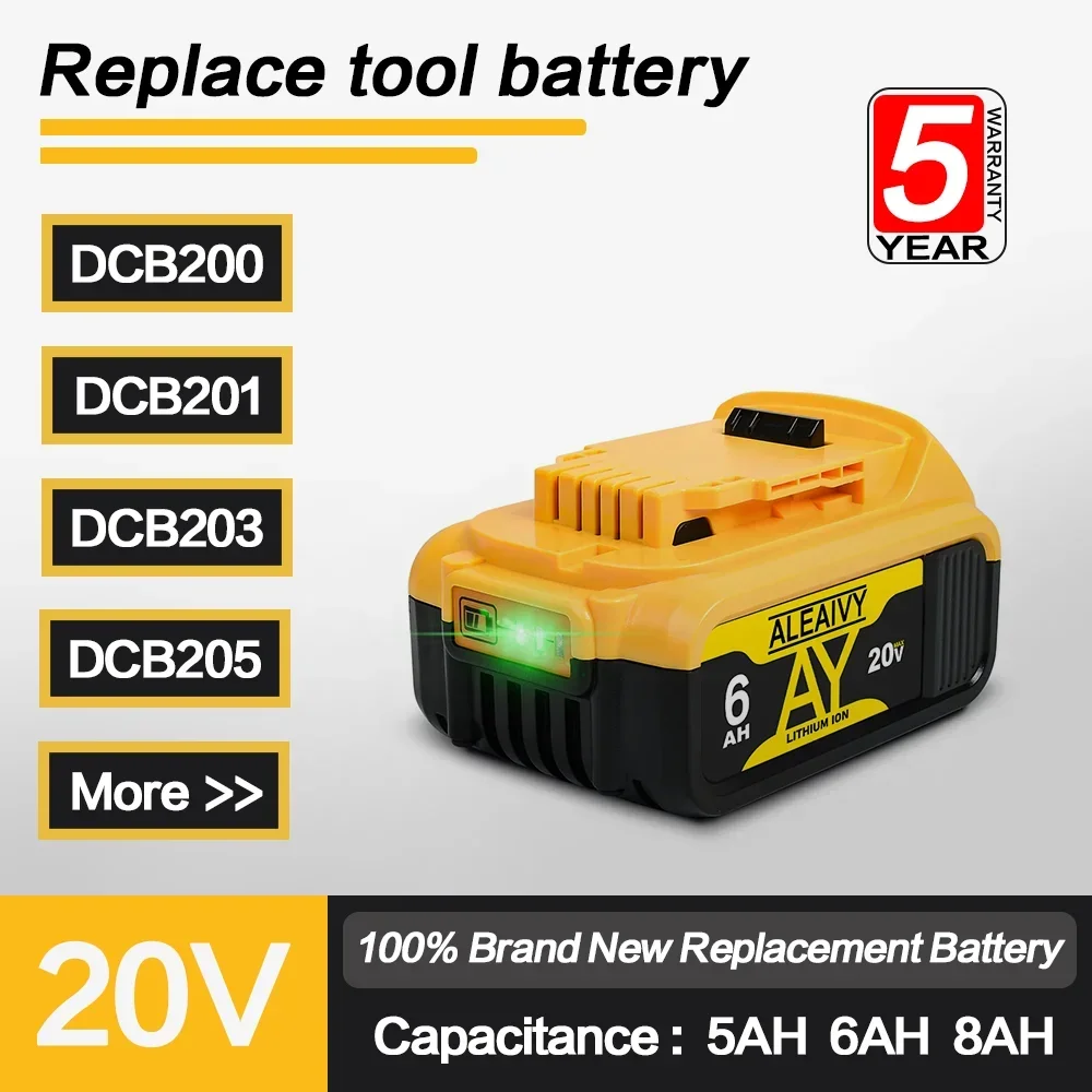 Bateria de lítio de substituição de 20V 8000mAh para Dewalt 18V DCB184 DCB200 DCB182 DCB180 DCB181 DCB182 DCB201 DCB206 de alta capacidade