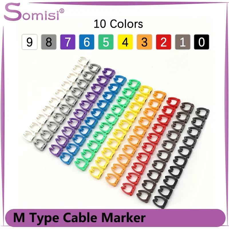 100/150pcs M Type Cable Markers Clips Colourful Number Tag Label For 2-8mm Wire Network Cable Wire Marker Tag Label for Cat5